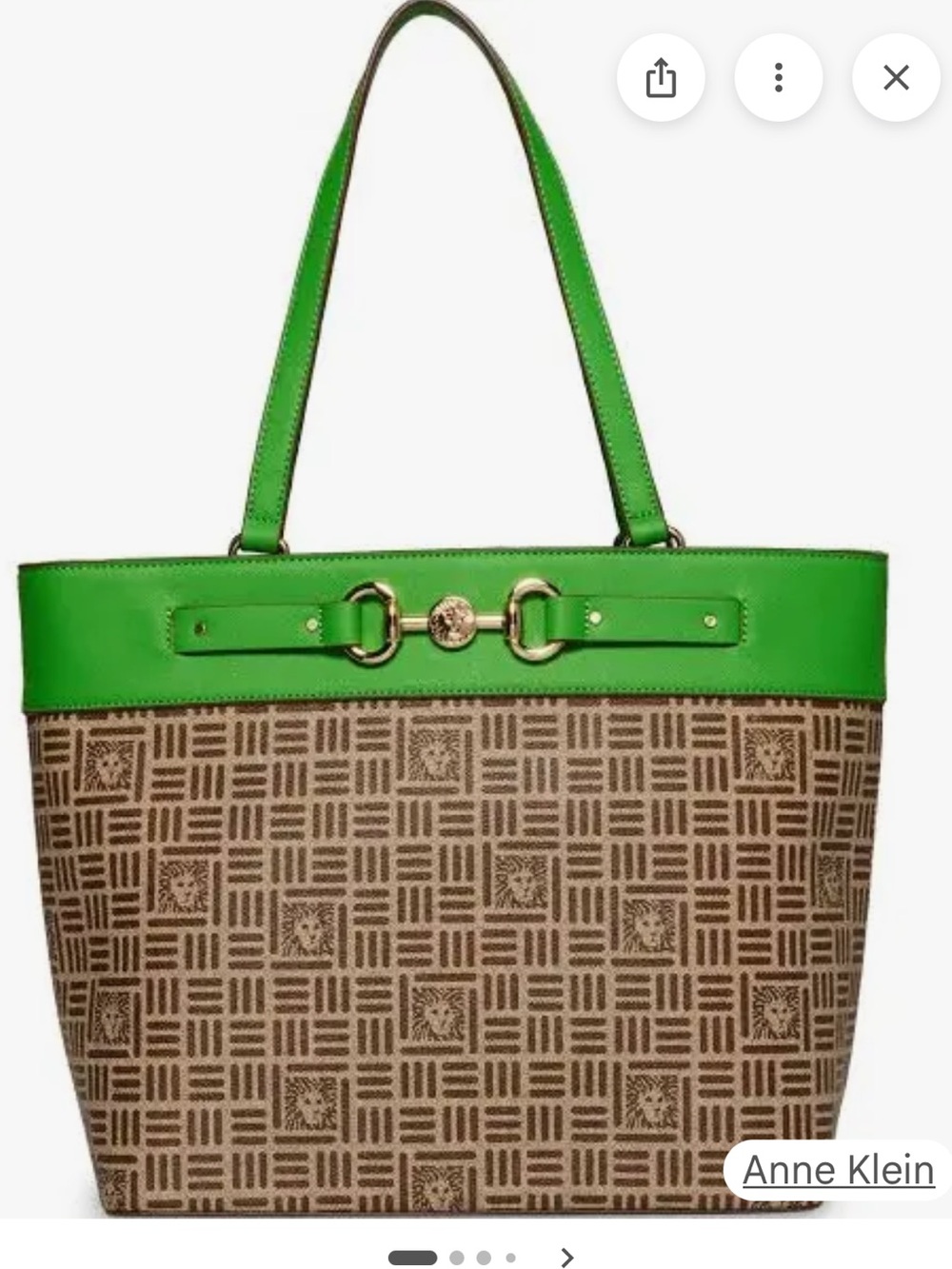 Anne Klein Brown Monogram Tote with Green Trim and Gold-Tone Horsebit
